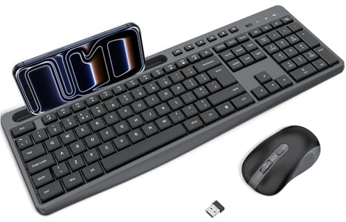 OMOTON Wireless Keyboard and Mouse Combo 2.4GHz with Phone Holder, Black | Silent Keyboard, Full Size Quiet Set, Ergonomic Design, 3-Level DPI Quiet Click Mouse for Windows/PC/Laptop/Computer