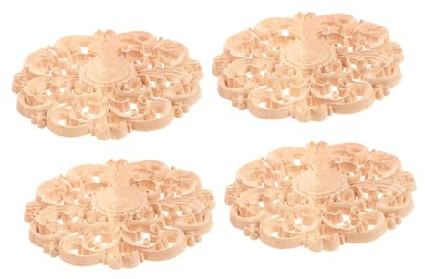 HORIALENCE Apliques de Madera Natural sin Pintar Redondos 12 CM 4 Piezas para Decoración de Muebles y Paredes Adornos Tallados para Bricolaje en Hogar y Oficina