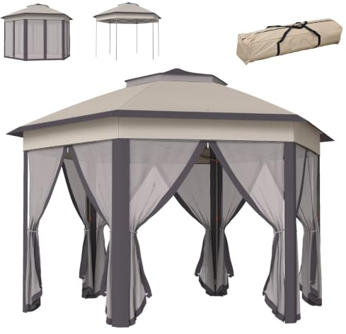 Outsunny Carpa Plegable 4x3,4 m Hexagonal con Doble Techo Marrón y Beige | Cenador de Jardín, 6 Mosquiteras Extraíbles, Bolsa de Transporte, Impermeable, Anti-UV, para Exterior, Fiestas