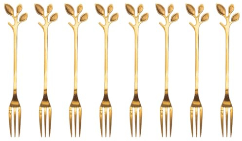 jojofuny Fourchettes à Fruits en Acier Inoxydable Doré de Feuille, Lot de 8 Pics à Dessert, Résistantes la Corrosion, Accessoires Cuisine Polyvalents pour Maison, Restaurants et Camping
