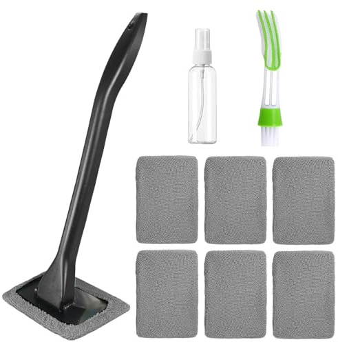 Car Windscreen Cleaner Tool Kit, Long Handle Window Cleanner Brush Inside Glass Wiper with 6 Washable Microfiber Pads Spray Bottle Air Vent Duster Fog Condensation Cleaning Wand for Cars Van (Gray)