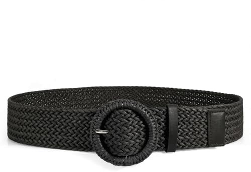 JasGood Damen Geflochten Elastischer Strohgürtel Breiter Taillengürtel Rattan Flechtgürtel Gewebter Boho Gürtel für Kleider mit Runde Schnalle