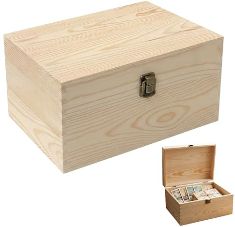 Lyyozwo Unfinished Wooden Box with Lid, Pine Wood Small Wood Crate Boxes, 30 x 20 x 15 cm Wooden Box with Hinged Lid & Locking Clasp for Home Table Decoration Keepsake