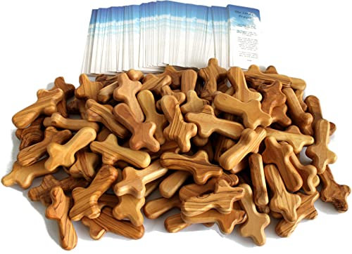 Medium Size 100 Pack Bethlehem Olive Wood Pocket Crosses - Genuine Bethlehem Holy Land Comfort Holding Crosses for Prayer & Anxiety Relief - 2.75 Inch Hand Crosses from the Holy Land for Christian Gifts, Baptism, Confirmation & Bereavement