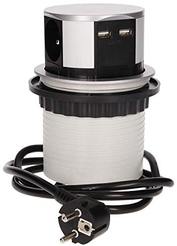 ORNO AE-1342 Bloc Multiprise Encastrable Escamotable, 3 Prises + 2X USB, 3680W Max, Ø10cm, Longueur de Câble de 1.5m, Prise de Courant de Type E