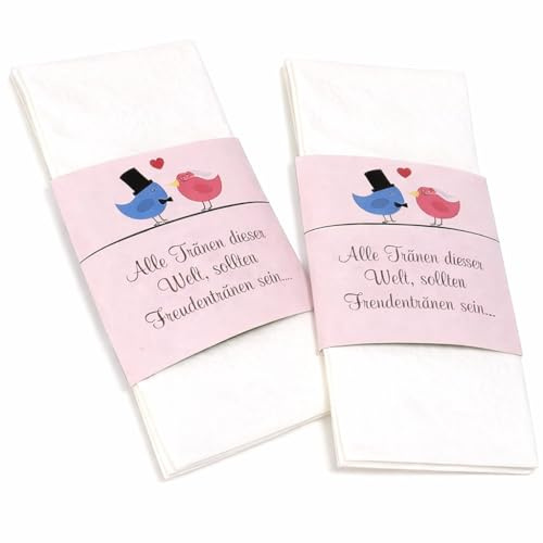 Hochzeitsshop Weddingtree 50 Freudentränen Banderolen Hochzeit – Taschentuch Banderolen für Freudentränen – Hochzeitsdeko Kirche & Standesamt – Gastgeschenk Hochzeit – Design Vogelhochzeit