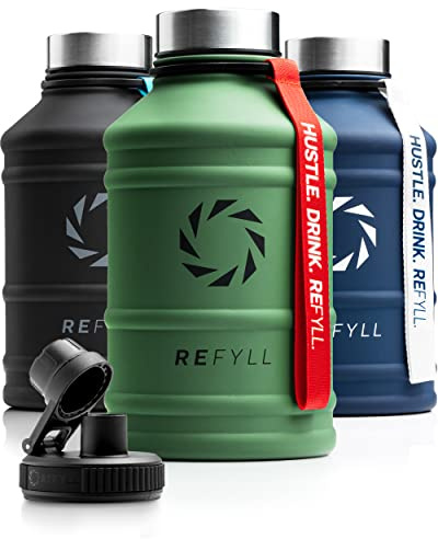 REFYLL X Edelstahl Trinkflasche Hero in 1,3-2,2L I Fitness Trinkflasche für Sport, Gym | Water Jug auslaufsicher, robust, BPA frei | + Sportdeckel (Army Green)