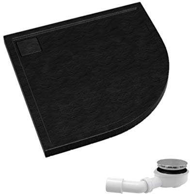 ECOLAM® Duschwanne Duschtasse flach Omega Black Viertelkreis R55 cm 90x90 x 5 cm / 1,8 cm Tiefe flach Stein Effekt schwarz + Siphon