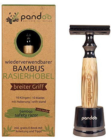pandoo Rasierhobel mit Halter und Bambus-Griff | Zero-Waste Rasierer | Sicherheits-Rasierhobel | Safety Naßrasierer | Männer und Frauen | geschlossener Kamm - plastikfrei inkl. eBook & 10 Klingen