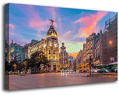 Cuadro Lienzo Canvas Gran Via de Madrid Luces Atardecer – Varias Medidas - Lienzo de Tela Bastidor Madera de 3 cm - Impresion Alta resolucion (120, 71)
