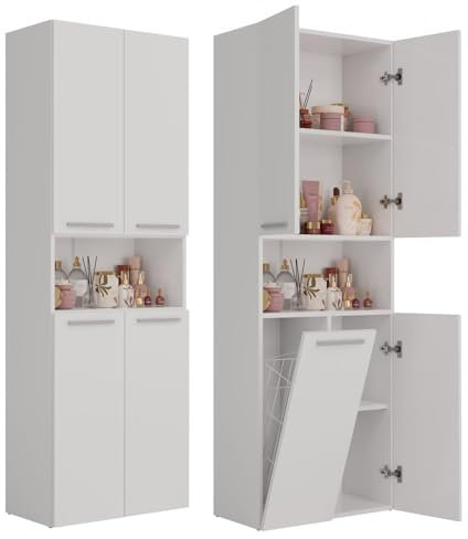 ADGO Badezimmerschrank mit Wäschekorb Nel - Kleiderschrank - Badezimmermöbel - Badezimmerregal - Aufbewahrungsschrank - Bad Hochschrank - Badezimmerschrank Hoch - Mehrzweckschrank - Wäscheschrank