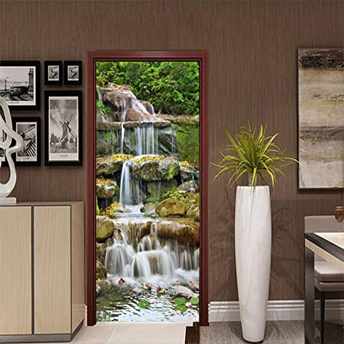 XAONUO Türtapete Selbstklebend Türposter Tür Aufkleber Für Innentüren 3D Wasserfall Pflanzen Landschaft 90X210Cm Bewegliche Tür Wasserdicht Wohnzimmer Schlafzimmer Tür Dekoration Aufkleber