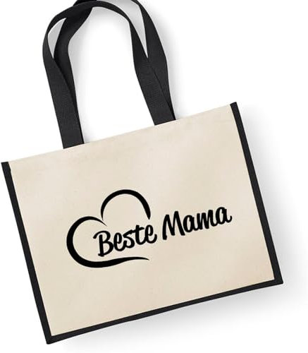 Huuraa Jutetasche Beste Mama Herz Geschenk 21 Liter Black Jute und Baumwolle Einkaufstasche Beste Mama Geschenkidee