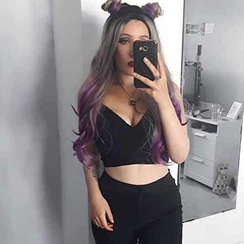 AFBeauty Perruque longue ondulée grise et violette avec racines foncées - Perruque synthétique colorée au milieu - Fibre résistante à la chaleur - Pour femme