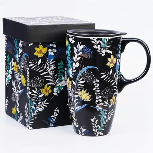 DUSVALLY Taza de cerámica floral de 500 ml con tapa, color negro botánico | Taza de café, taza de té de flores silvestres con asa, apta para microondas y lavavajillas, caja de regalo incluida