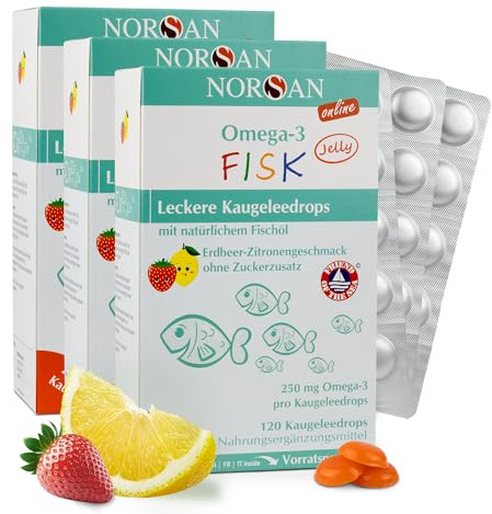 NORSAN FISK JELLY für Kinder - 250mg Omega-3 pro Kaugeleedrop - 3x120 Stück | Fischöl Kapseln mit EPA und DHA aus nachhaltigem Wildfang - Vitamin D3 (200 I.E.) - Erdbeer Zitrone Geschmack - zuckerfrei