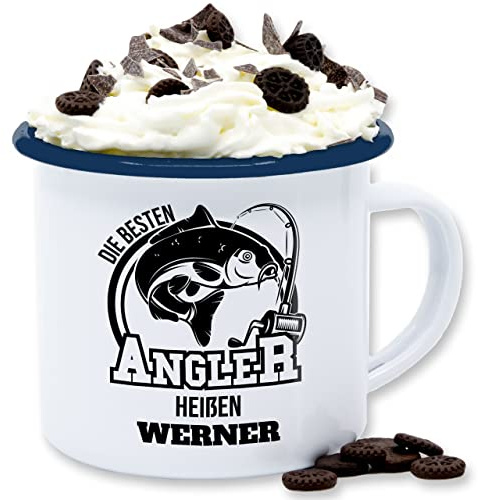 Emaille Tasse Blechtasse - Angeln - Angler Geschenk - 300 ml - Weiß Blau - angel geschenke für männer fischen carp tassen fisch fishing emalietassen angelzubehör karpfen fischer name angelfan