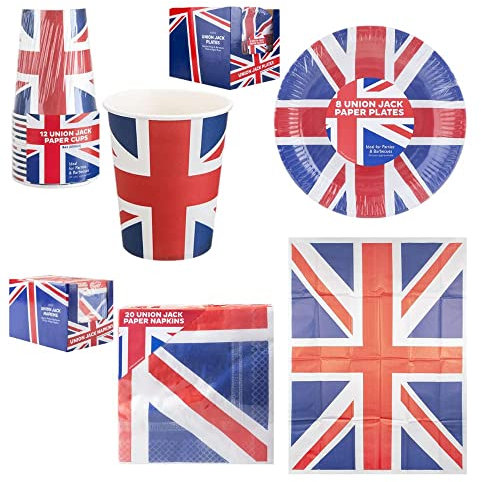 B4E Union Jack Coronation Tableware Set – 12 Cups X 8 Plates X 20 Napkins X 1 Paper Tablecloth (120x180cm) | Coronation Party Table Decorations | Ideal For Sporting Events/Street Party/Summer Market