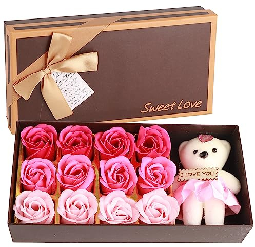 QANYEGN Savon De Bain Parfumé Floral Pétales De Fleurs De Rose, Ours en Peluche, Coffret Cadeau Fleur De Savon pour Cadeau Romantique de la Saint-Valentin(Dégradé Poudre)