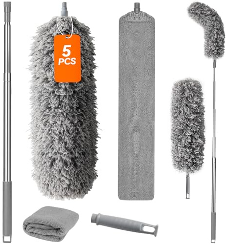 WIWJ Plumero telescópico Lavable para Techo con Barra telescópica, Microfibra, Escoba esquinera, máx. 55 – 254 cm, Escoba con telescopio para techos Altos, Ventilador de Techo (5 Gris)