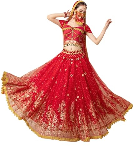 OTMYIGO Erwachsene Prinzessin Festival Bauchtanz Top Kleid Set Indischer Sari Jasmin Halloween Cosplay Kostüm Bollywood Rave Wettbewerb Outfit
