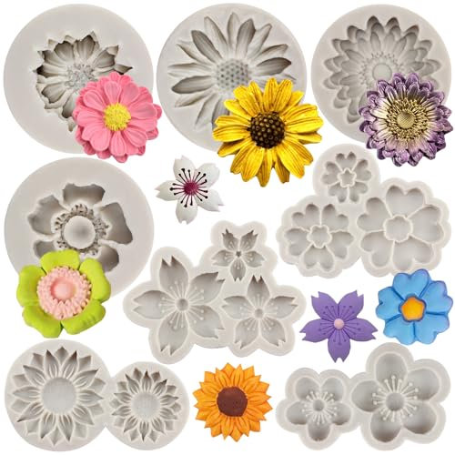 MYPRACS Lot de 8 moules en silicone en forme de fleur de chrysanthème tournesol pour fondant, fleurs de cerisier, fleurs de prunier pour décoration de gâteaux, cupcakes, bonbons, chocolat, pâte à