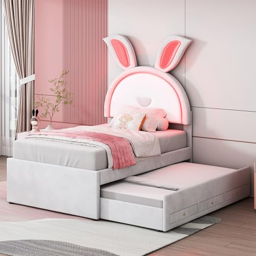 Kehun Kinderbett Polsterbett 90x200 mit LED-Kopfteil, Einzelbett mit Ausziehbarem Bett und 2 Stauraum Schublade für 2 Kinder, Schlafsofa mit Lattenrost, Kaninchen Stil, Samt, Beige, Ohne Matratze