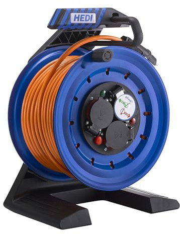 HEDI Vollkunststoff-Kabeltrommel Generation 7 Companion (Kabeltrommel-ø 250 mm, 25 m HEDI Panzerkabel Plus, spritzwassergeschützte 3-fach Schutzkontakt-Steckdose 250 V) K7A25QTF