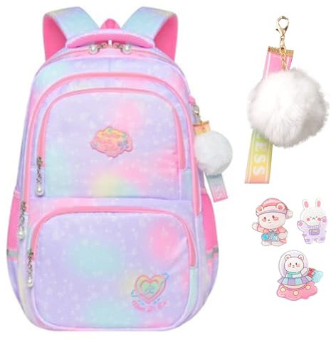 IHCEMIH School Backpack, Girls Cute Bags for Primary Secondary School Multi Pocket Casual Colorful Daypacks Childrens Travel Rucksack Elementary Book Bag Pack with Keychain Badge for Kids Teen Purple