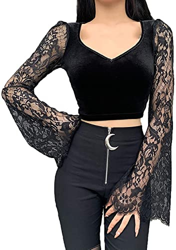 XKBHYD Women Gothic Velvet Crop Tops Y2K Long Sleeve Emo Alt Shirt Mall Goth V Neck Grunge Punk Harajuku T Shirt Black