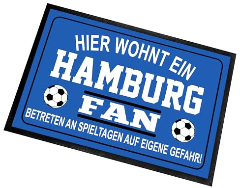 Herzbotschaft Fußmatte für Fußball Fans | Türmatte mit Spruch | 60x40cm | Hier wohnt EIN Hamburg Fan - Betreten an Spieltagen auf eigene Gefahr! | für innen und außen | Vorleger für die Haustür/Flur
