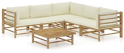 KATERYY 6-TLG. Garten-Lounge-Set mit Cremeweißen Kissen Bambus,Elegantes GartenloungeSet aus Bambus für entspannte Loungebereiche