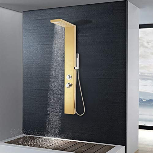 qohoio Shower Panel System Stainless Steel 201 Gold,Shower Panel Column Tower Multiple Function,Waterfall Rainfall Shower Head Body Jets Handheld Shower and Bath Spout Wall Mounted Shower System