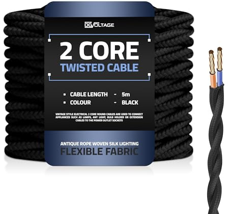 DC VOLTAGE 5m 2 Core Twisted Cable Flexible Wire Lamp Cord, 2 Conductor 16.4ft Fabric Covered Electrical Cable Antique Style Wiring Cloth Covered Braided DIY Lighting Electrical Cord (Black)