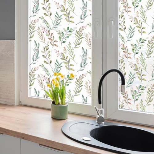 Sichtschutzfolie Fenster Grüne Blätter Sonnenschutzfolie Fenster,Sichtschutz Fensterfolie,Durchsichtig Thermofolie Fenster Gegen Hitze,Milchglasfolie Statisch Haftend