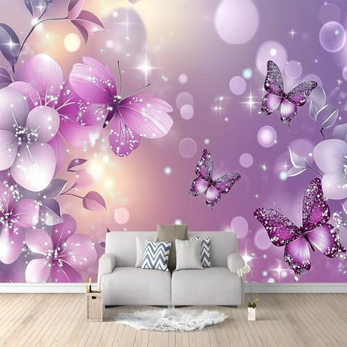 Générique Papier Peint intissé Papillon Fleurs Violettes 300x210 cm Papier Peint Photo Panoramique, Poster Mural Personnalisé 3D, pour Salon Cuisines Chambre Adulte Enfant Décor Murale