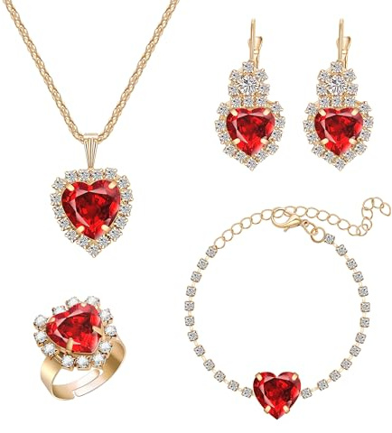 Yifnny Kristall Herz Schmuck Sets, Herz des Ozeans Halskette und Ohrring Sets für Frauen rot rosa lila Prom Schmuck Geburtsstein Halskette für Mama Mütter Tag Geburtstag Geschenke