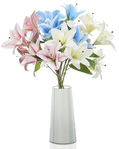 Thiccywoov 6 Pcs Artificial Lily Flowers Realistic Touch Faux Fake Lilies Plants for Wedding Bouquet Easter Home Indoor Table Office Vases Floral Arrangements Outdoor Garden Decor(Pink, Blue, Yellow)