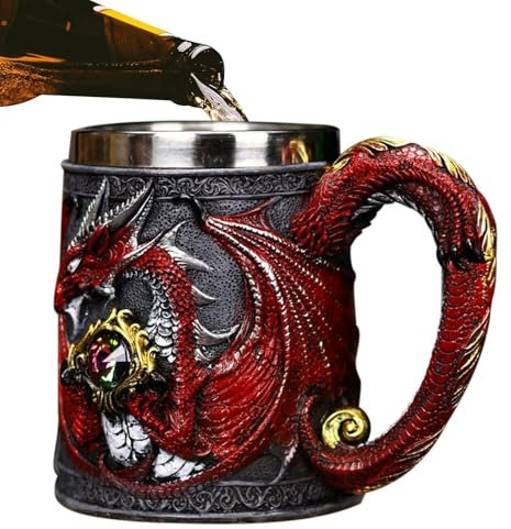 Medieval Dragon Mug, 450ml Stainless Steel Beer Stein Mug, Medieval Dragon Beer Mug, Decoration for Women Men, Novelty Cup with Retro Gems