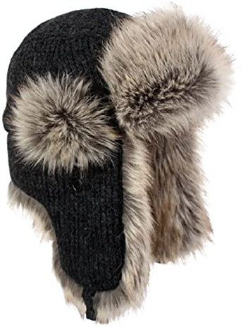 WDSOPK Mütze für Herren und Damen, warmes Fell, Fliegermütze, Soldatenmütze, Kappe mit Ohrenklappen, schwarz, 58 cm (Schwarz 6 7/8)