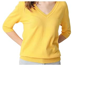 HJUGHPN Suéter de punto de cachemira para mujer para primavera/verano, color liso, cuello en V, media manga, ajustado, casual, suéter, amarillo, S