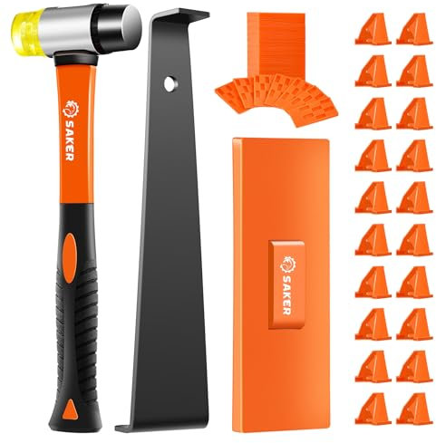 Saker Laminat Bodenbelag Werkzeuge, 63-teiliges Holzboden Verlegeset mit 60 Bodenbelag Abstandshalter, Gewindeblock, Zugstange, Gummihammer