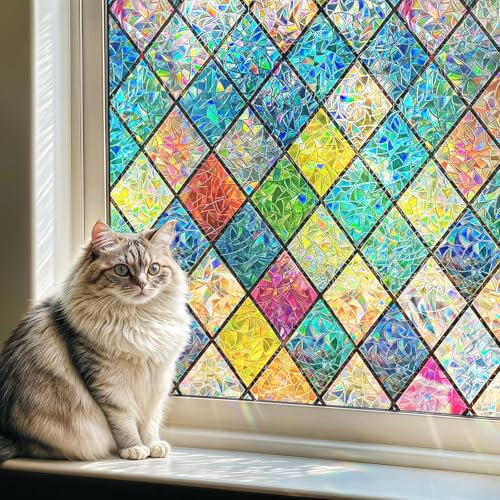 Qualsen Pellicola per Vetri Finestre 30x200cm, Effetto Arcobaleno Pellicola Adesiva per Vetri Motivo a Rombi Elettrostatica Decorativa Pellicola Privacy Finestre per Casa Ufficio Cucina