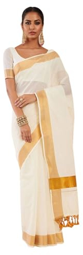 Sari Kasavu in puro cotone bianco sporco e oro - 23561836 DAGLOR, Bianco sporco, Etichettalia unica