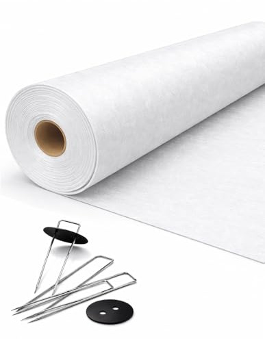 JARDIN202 - Malla Geotextil Antihierbas 105 gr/m² Eco-Resistente - Protección UV para Jardín y Huerto | Resistente al desgarro | 1 x 100 m + 100 Anclajes (Blanco)