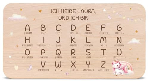 GRAVURZEILE - Bedrucktes Frühstücksbrettchen aus Holz - ABC Einhorn - Personalisiert mit Namen - Geschenk zur Einschulung für Jungen & Mädchen - Kinder Schneidebrett