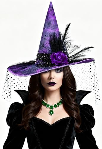 YJZQ Chapeau de sorcière avec Voile Chapeau Charmant style Baroque Casquette Cosplay avec plume et fleur pour déguisement Sorcière Magicien costume Halloween Noël Taille Unique