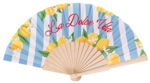 DIVINA LDV Éventail Pop, bleu clair, design côtier avec citrons, rayures blanches et bleues, baleines en bois - VAR 55-17
