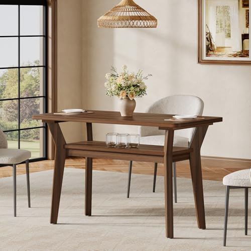 Tribesigns Tavolo da Pranzo 120 cm per 4 Persone, Tavolo da Cucina Rettangolare con 2 Ripiani di Stoccaggio e Gambe in Legno Massello, Stile Rustico per Sala da Pranzo & Soggiorno (Noce)