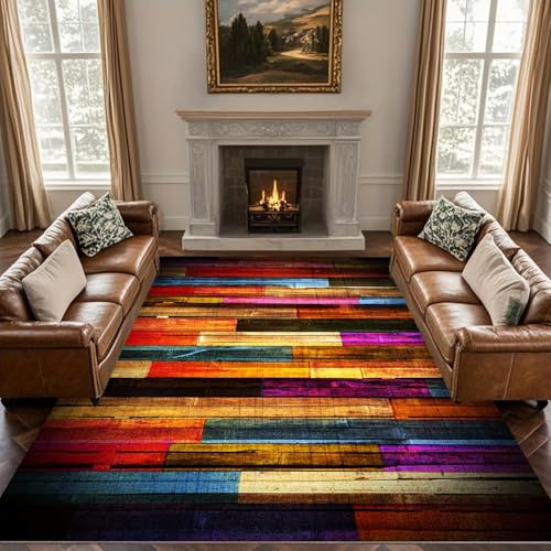 Retro Oriental Bedroom Rug, 180x230cm, Luxury Multi Color Wood Grain Indoor Throw Rugs, Bohemian Printed Fade Resistant Thin Mat, Home Decor Cozy Low Pile Carpets for Dorm Sofa